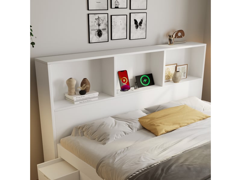 Lit double avec rangement 140x200 cm, lit en bois avec 2 tables de chevet mobiles, led et usb-c, tiroir et étagères - blanc (sans matelas) - Conforama D