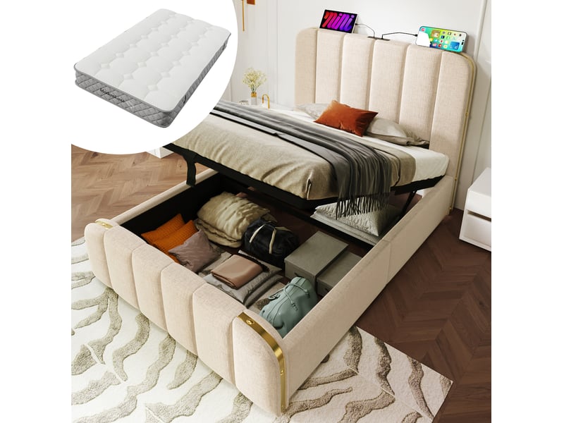  Modenvie lit coffre 90x200 cm - ports usb et usb-c, matelas inclus, rangement hydraulique - beige  - Conforama B