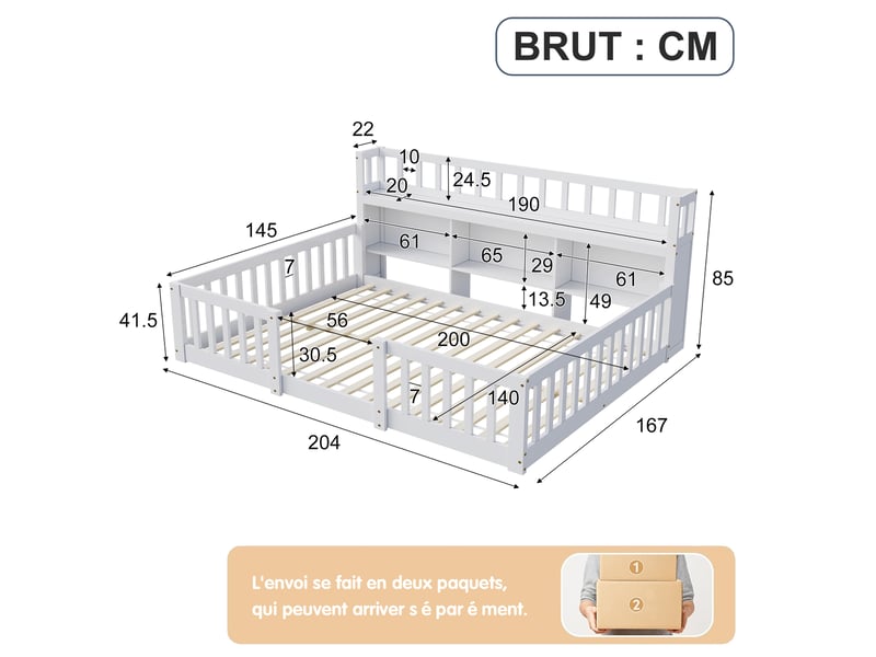 Lit enfant 140x200 cm, lit 2 places montessori au sol avec bibliothèque intégrée et barrières de sécurité, cadre en bois blanc, sans matelas - Conforama C