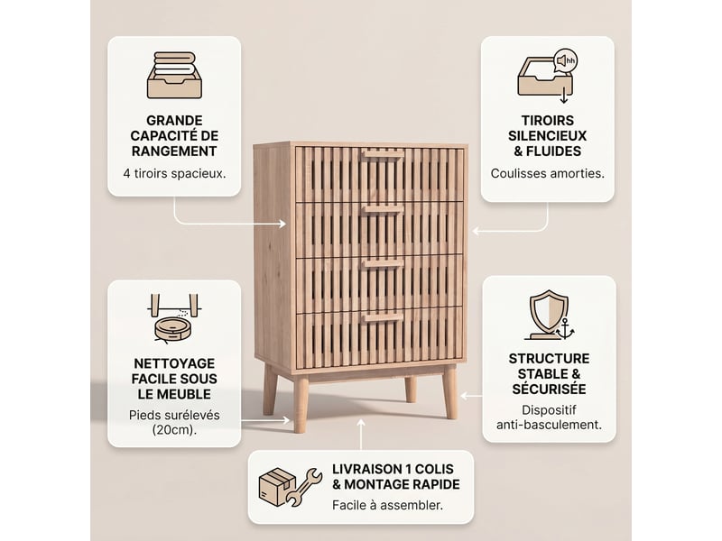  Commode 4 tiroirs 60 cm, commode chambre, design à lattes verticales, meuble de rangement, pour saloncuisinesalle à manger, chêne clair  - Conforama C