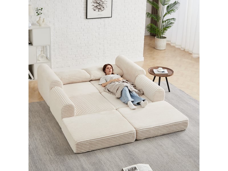  Canapé d’angle modulable en velours côtelé avec pouf amovible – accoudoirs arrondis, 74×194×169.5 cm, beige  - Conforama D