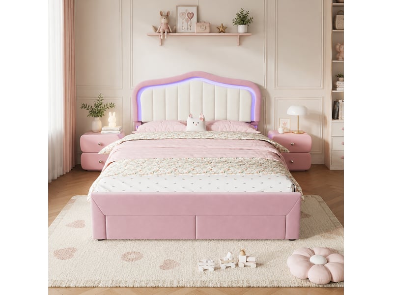  Lit double 140x200 cm avec 2 tiroirs, éclairage led contrôlé par application en velours rose et blanc  - Conforama C