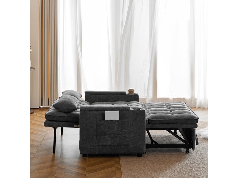 Canapé-lit 3-en-1 142x89x89 cm en chenille avec rangements et porte-gobelets gris chicfurn - Conforama E