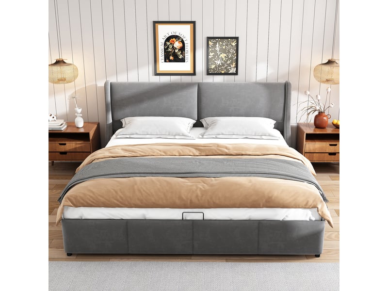 Lit double capitonné gris 180x200 cm – coffre hydraulique et tête de lit - Conforama E