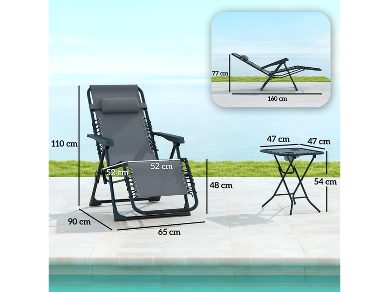  Lot de 2 chaise longue pliable et inclinable avec table d'appoint, porte-gobelets et appuie-têtes, charge 120 kg, gris  - Conforama D