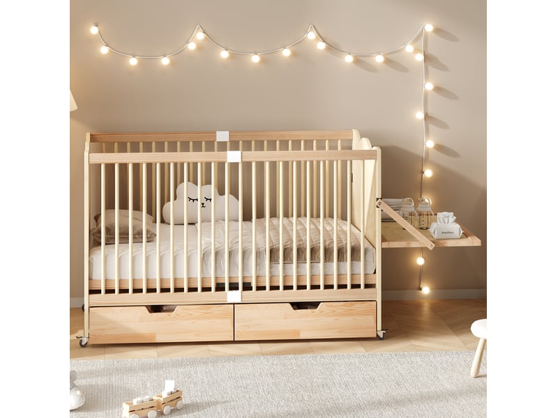 Lit bébé 70 × 140 cm avec roulettes, 4 hauteurs réglables, 2 tiroirs, table à langer, bois naturel - Conforama D