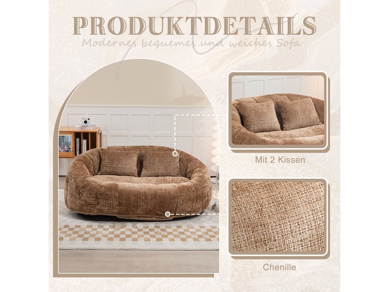Canapé pouf géant adulte 2 places, fauteuil de sol en tissu chenille avec mousse haute densité, marron café, 150x95x63cm - Conforama R