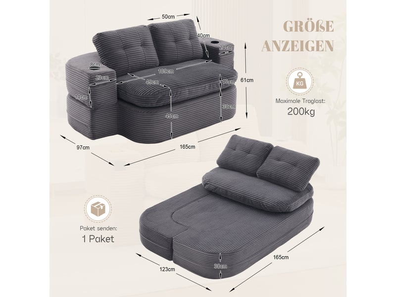  Canapé 2 places en velours côtelé gris foncé avec accoudoirs amovibles et dossier haut, assise extra profonde  - Conforama C