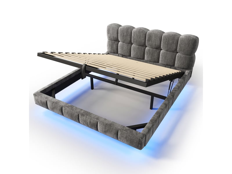  Lit coffre bubble en chenille gris 140x190 cm avec led, usb et type-c Fay Lum - Conforama R