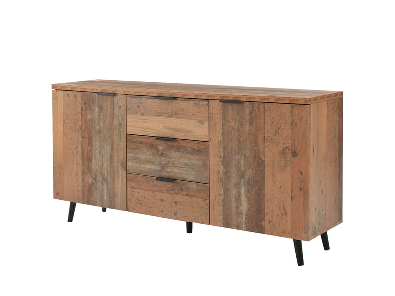  Buffet 140x35x70cm avec 3 tiroirs, design décoratif à motif de bois, style rétro, panneaux de particules, brun antique  - Conforama A