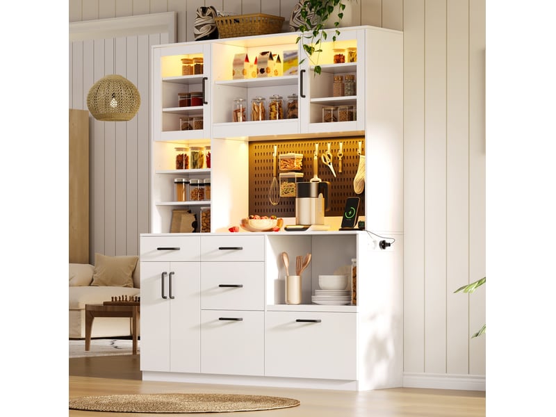  Buffet de cuisine avec plan de travail, 5 tiroirs, étagères réglables, prises et éclairage led, blanc, en mdf  - Conforama D