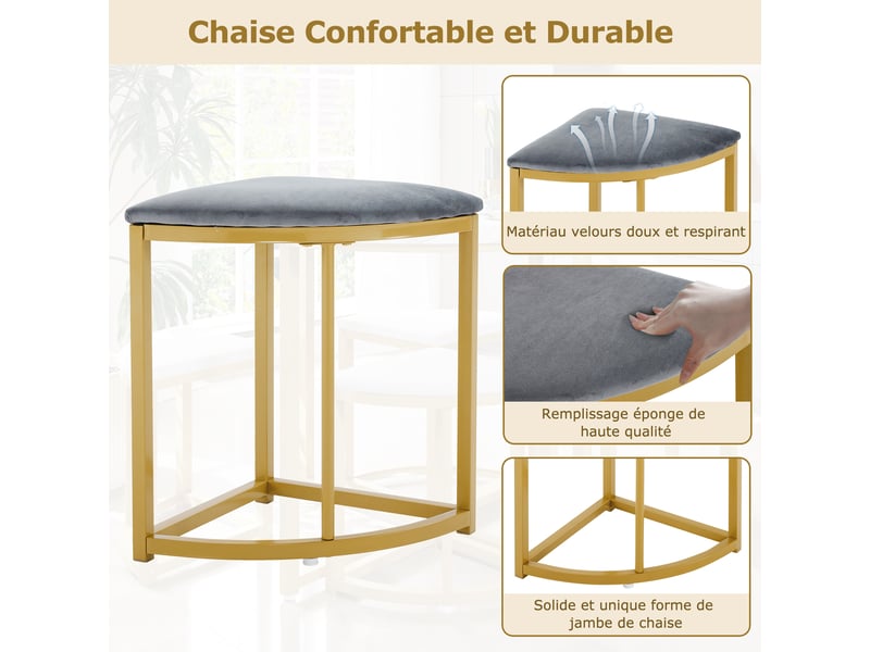 Ensemble table à manger et 4 chaises – blanc, or et gris – table ronde ø80 cm – plateau mdf blanc, piètement métal doré, assises velours gris - Conforama R