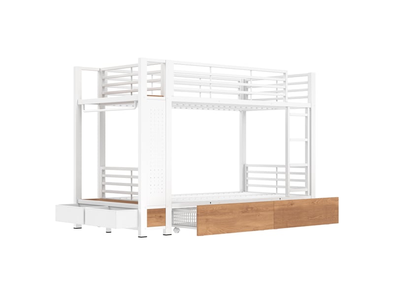  Lit superposé 2 places 90×200 cm avec tiroirs, étagères et éclairage led - okmyhome- blanc, sans matelas  - Conforama A