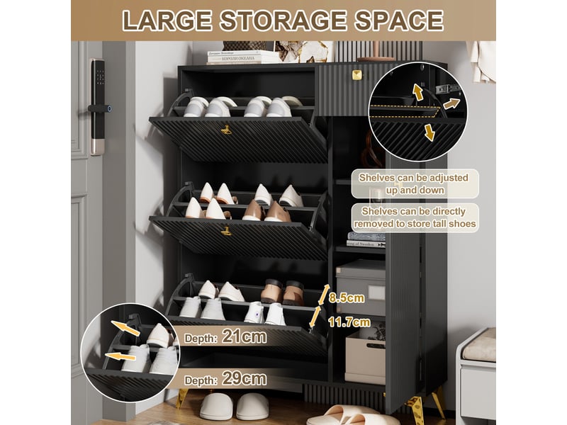  Meuble à chaussures 90 x 25 x 121 cm – 3 tiroir à couvercle rabattable, 1 tiroirs coulissants et 1 porte d'armoire - mdf - noir  - Conforama D