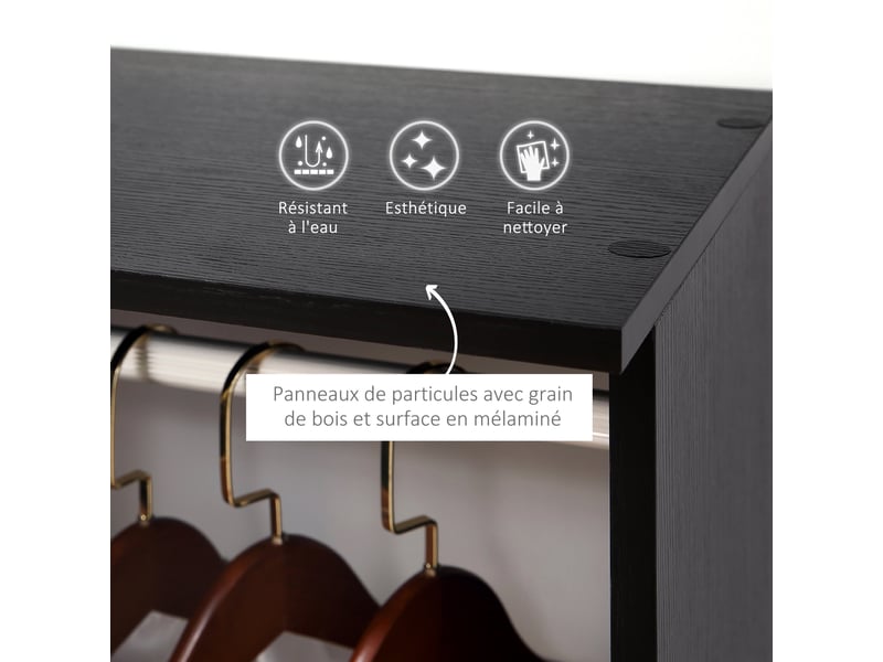  Armoire penderie meuble de rangement mobile 6 roulettes 120l x 40l x 128h cm en bois noir  - Conforama E