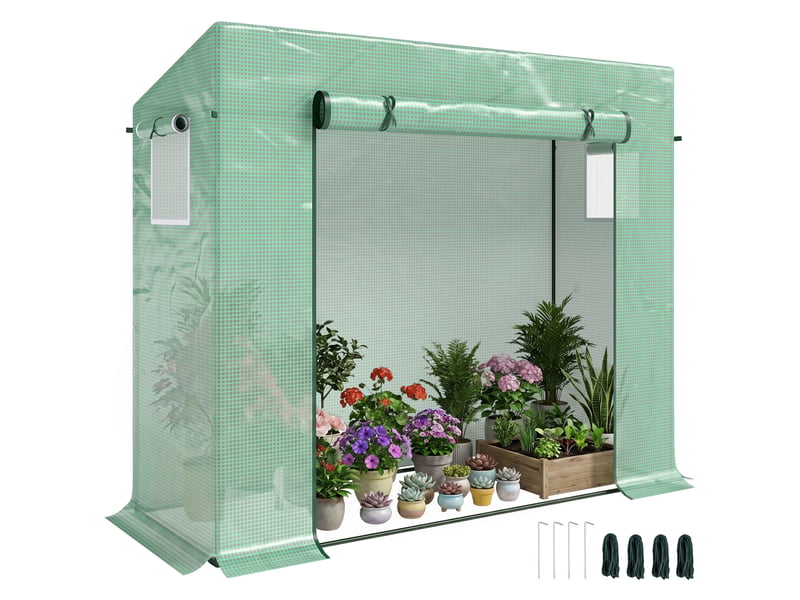  Serre de jardin en aluminium, avec porte enroulable et fenêtres latérales, en acier et plastique, 200 x 76 x 168 cm, verte  - Conforama A