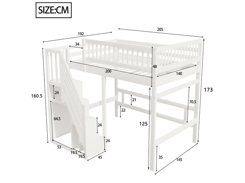  Lit enfant, 140x200 cm, espace nuit, avec escalier aménagé, garde corps haut, matelas non inclus, bois, coloris blanc  - Conforama C