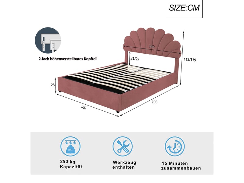 Lit coffre 140x200 cm, revêtement en velours, coloris rose, coffre hydraulique, tête de lit réglable, tête de lit florale, sommier à lattes inclus - Conforama C