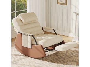 Fauteuil à bascule inclinable avec repose-pieds intégré - dossier 3 positions, velours bouclé, poche latérale - beige