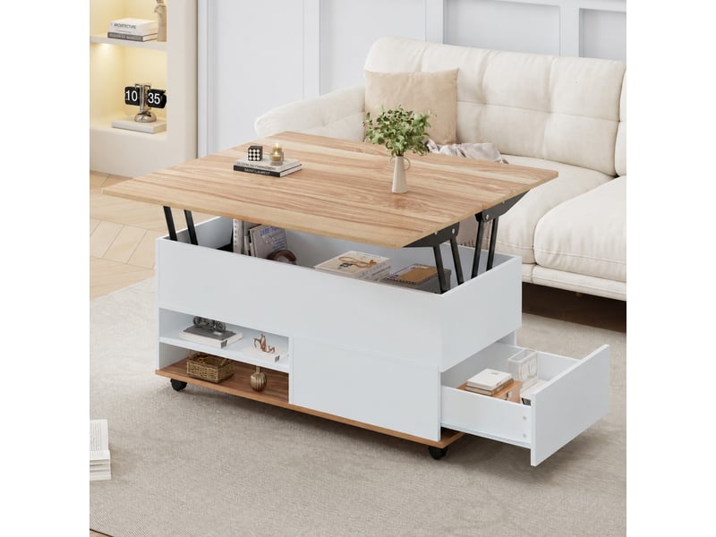 Table basse relevable avec rangement, double plateau, tiroir et roulettes, 100 x 98 x 65, blanc et bois naturel - Conforama C