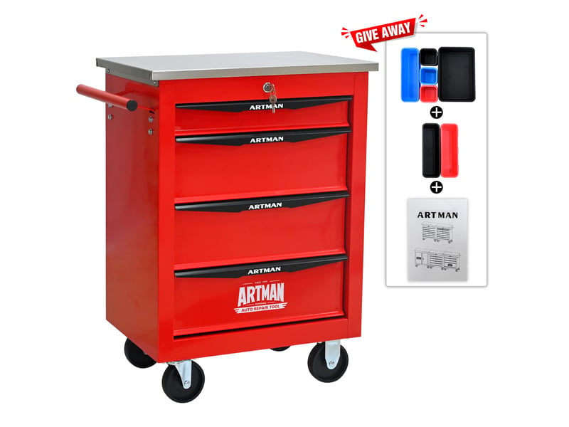 Servante d'atelier 4 tiroirs 62,5 x 34,5 x 78 cm rouge et noir acier, plateau en acier inoxydable - Conforama A