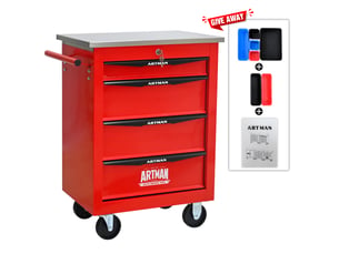 Servante d'atelier 4 tiroirs 62,5 x 34,5 x 78 cm rouge et noir acier, plateau en acier inoxydable
