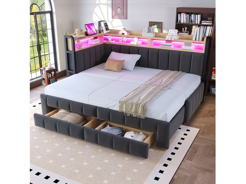  Canapé-lit gigogne extensible 90x200+180x200 cm avec rangement, led, usb et usb-c, mdf, métal, gris foncé, sans matelas  - Conforama B