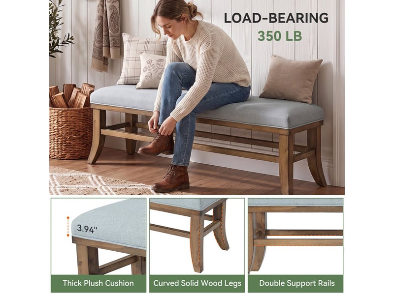  Banc en bois massif de 55 po avec coussin, banc de chambre rembourré, pieds en pin massif, banc moderne rembourré pour bout de lit ou entrée, couloir et salon  - Conforama E