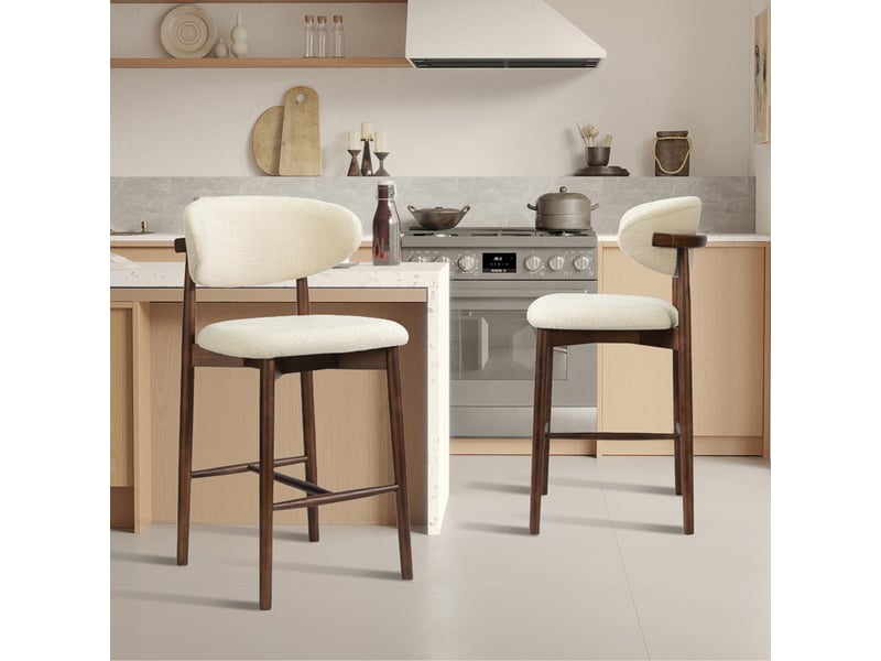  Tabouret en tissu bouclette beige pieds en chêne massif foncé  - Conforama D
