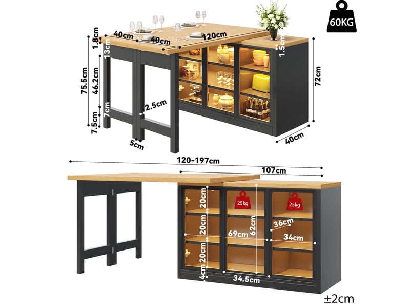 Desserte de cuisine 120x40x72 cm, multifonction, pivotante à 360°, extensible, structure en mdf et verre, couleur noir - Conforama C