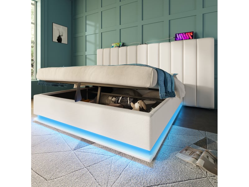  Lit coffre tcqpz 160 x 200 cm avec led, usb-c et matelas, pu blanc  - Conforama D
