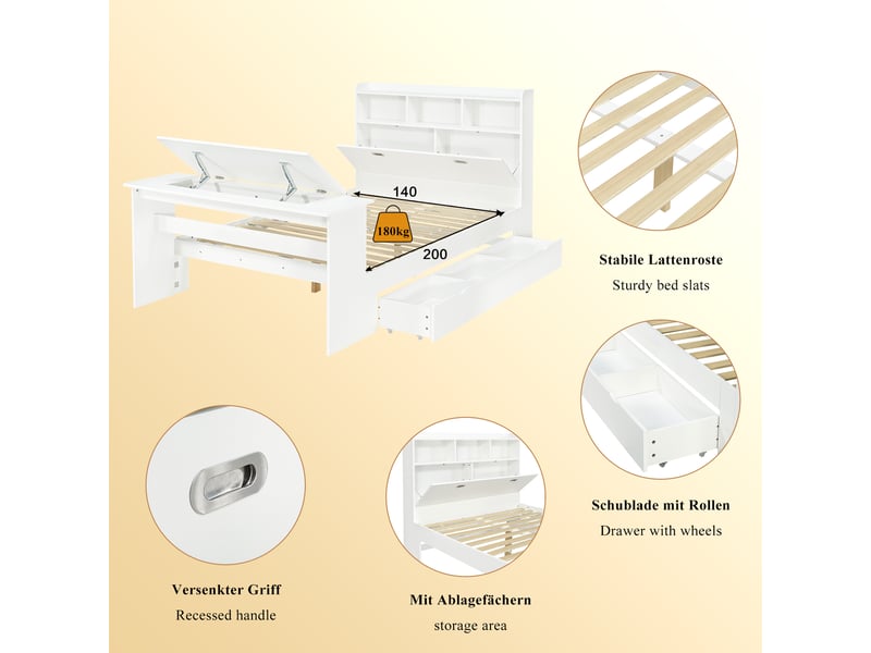  Lit enfant 2 places 140×200 cm avec rangements, tiroir et table pliante - okmyhome- blanc, sans matelas  - Conforama E