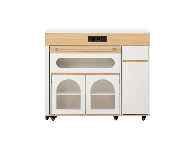  Îlot de cuisine sur roulettes – table extensible, verre strié, multiprises, buffet avec tiroir – blanc et naturel  - Conforama A