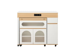Îlot de cuisine sur roulettes – table extensible, verre strié, multiprises, buffet avec tiroir – blanc et naturel