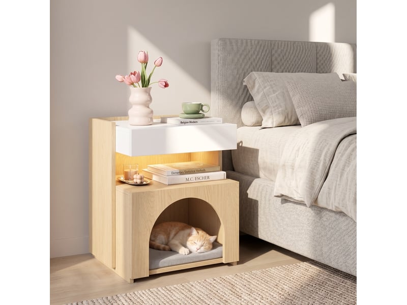  Table de chevet multifonction avec niche pour félin et led – blanc et naturel – 47 x 39 x 58 cm  - Conforama B