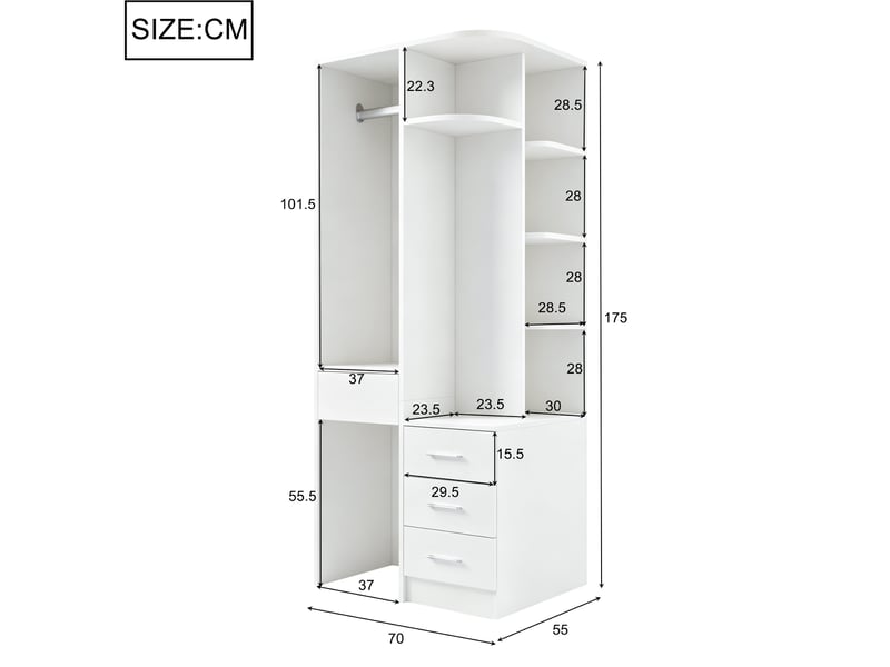  Armoire dressing 70 x 55 x 175 cm avec penderie ouverte, étagères et 3 tiroirs, blanche  - Conforama C