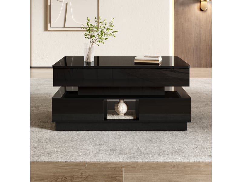 Table basse relevable noire brillante 90 x 48 cm avec rangement, led et prise intégrée - Conforama W