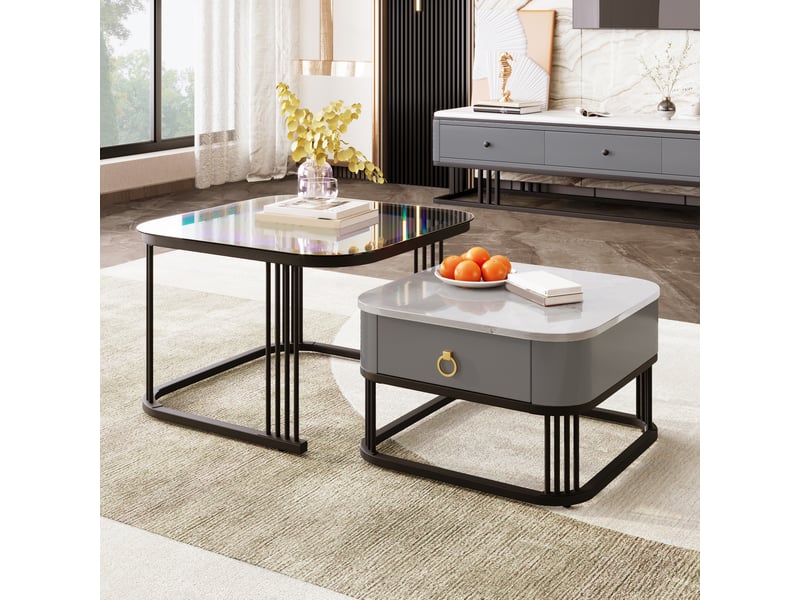 Tables basses gigognes avec 2 tiroirs pour salon en mdf 60×60×44,5 + 50×50×34,5 cm noir  - Conforama B