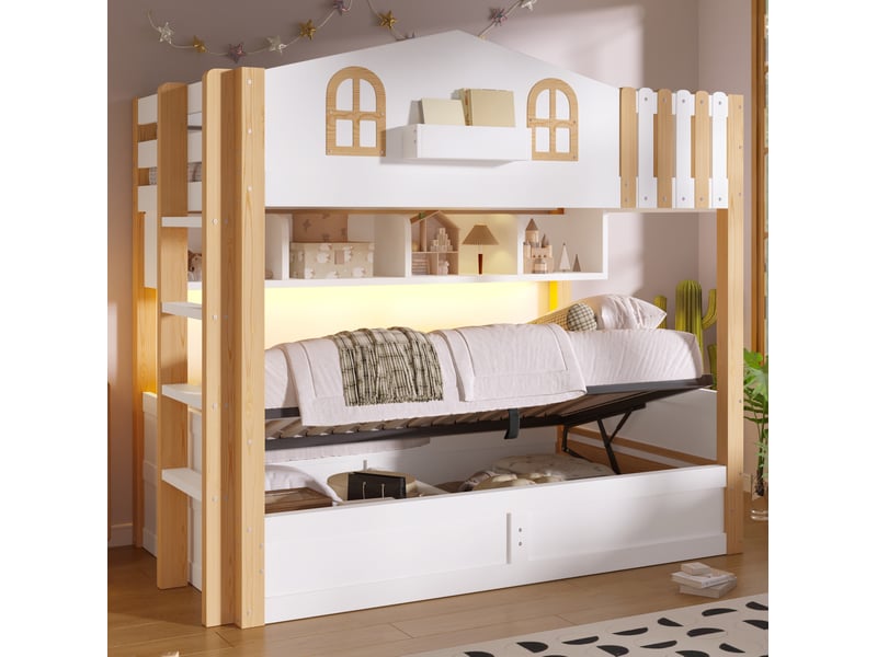 Lit superposé 90 × 200 cm 2 places avec coffre hydraulique, led et étagères, sans matelas, blanc et chêne  - Conforama B