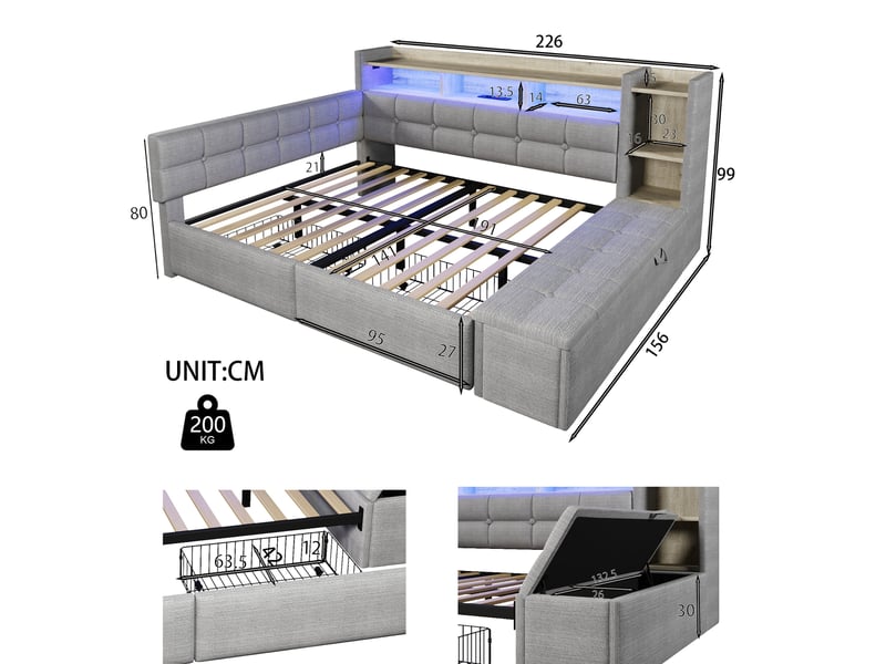  Lit de jour 140 × 190 cm avec deux tiroirs, usb type-c, étagère, led, sans matelas, velours gris, style moderne  - Conforama B