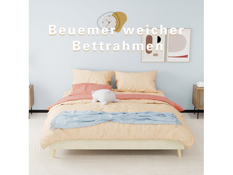  Lit adulte 160 × 200 cm 2 places avec rangement sous le lit et tête de lit, sans matelas, en velours beige  - Conforama E