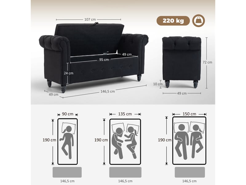  Banc banquette coffre 2 en 1 noir en tissu aspect lin avec pieds en bois 146,5 x 49 x 72 cm  - Conforama C