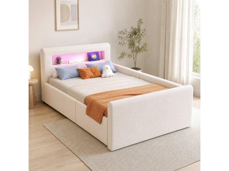  Lit enfant 90x200 cm rangement hydraulique, led et port usb en velours beige  - Conforama D