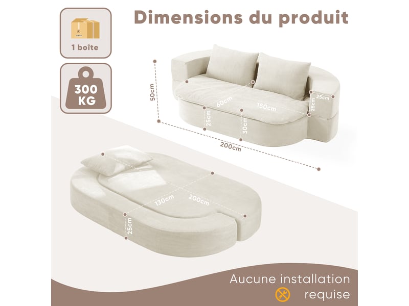  Chauffeuse convertible 2 places 130x200 cm, sans cadre rigide, mousse haute densité, 2 coussins, couverture 2-en-1, blanc cassé Morn Vibe - Conforama E