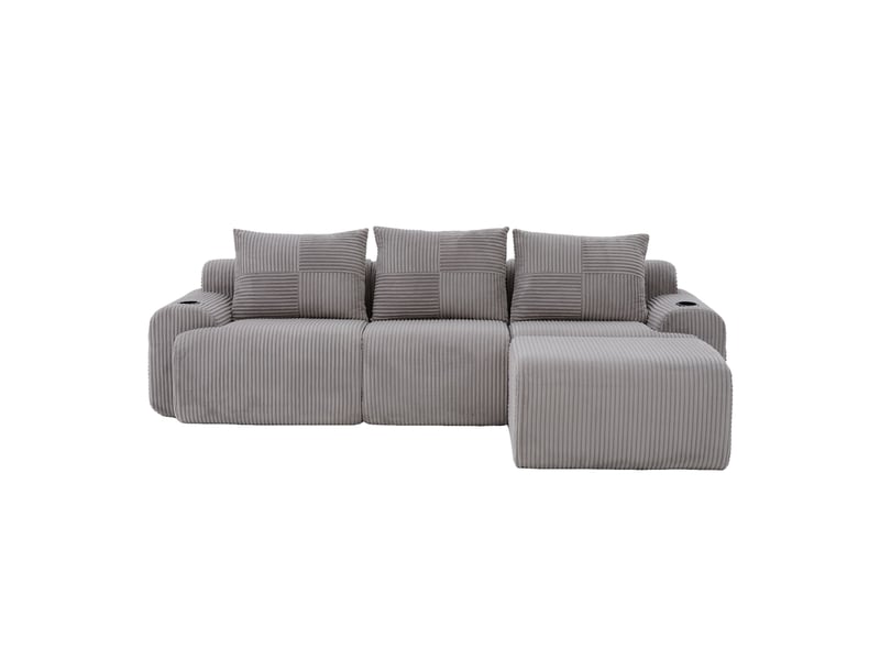  Canapé modulable 3 places avec pouf en velours côtelé gris clair, porte-gobelet et poche latérale  - Conforama A