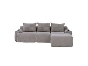 Canapé modulable 3 places avec pouf en velours côtelé gris clair, porte-gobelet et poche latérale