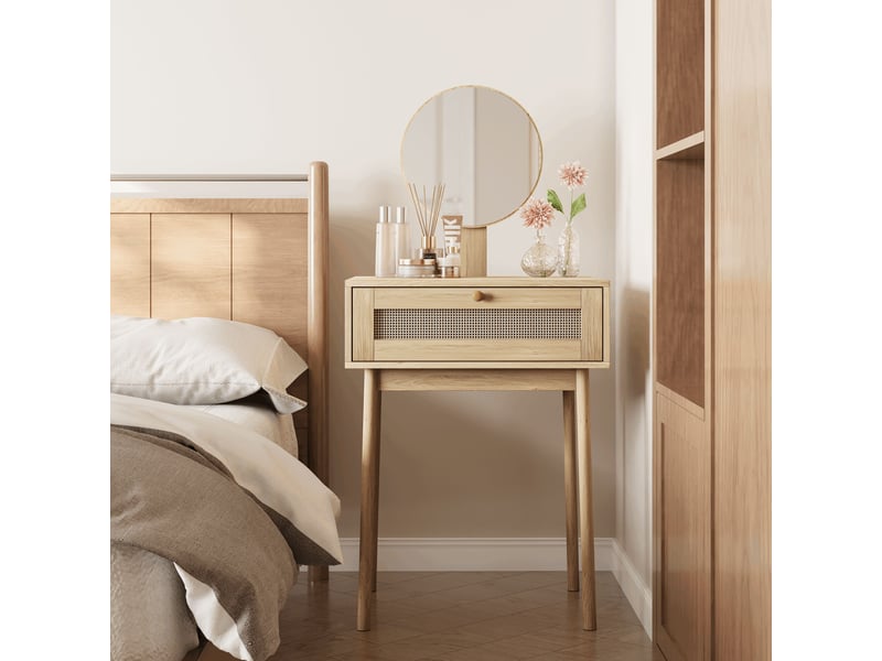  Coiffeuse avec miroir rond 60x50x128 cm-1 tiroir-décor rotin-compacte petits espaces-mdf-chêne clair-sans chaise  - Conforama C
