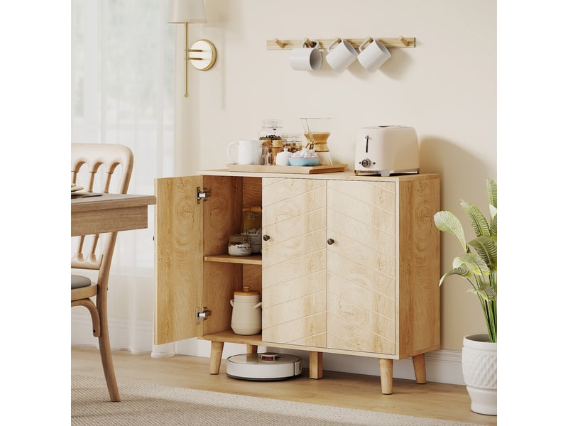  Buffet cuisine, meuble de rangement avec 3 portes à motif chevron et pieds en bois de pin, 88,3x30x76cm, bois naturel  - Conforama C
