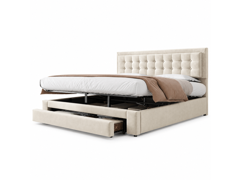  Lit avec caisson et tiroirs, tissu velours, lit rembourré, sommier à lattes, lit double, grand rangement, 160 x 200, beige Seren Glow - Conforama A