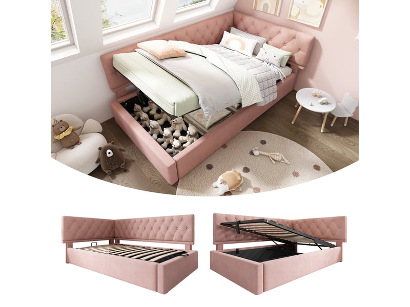 Lit coffre enfant 90x190 cm, sommier à lattes, canapé-lit en l, style moderne, velours rose - Conforama D